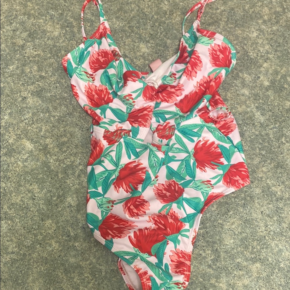 Juicy Couture Red and Green Ditsy Floral One Piece Swimsuit